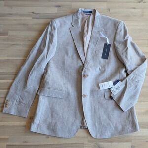 Tommy Hilfiger Washed Linen Sport Coat Tan Herringbone Blazer Men's Size 42 Reg